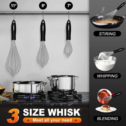 Walfos Silicone Whisk,Stainless Steel Wire Whisk -Heat Resistant 480°F Kitchen Whisks for Non-stick Cookware,Balloon Egg Beater Perfect for Blending,Whisking,Beating,Frothing & Stirring,Black
