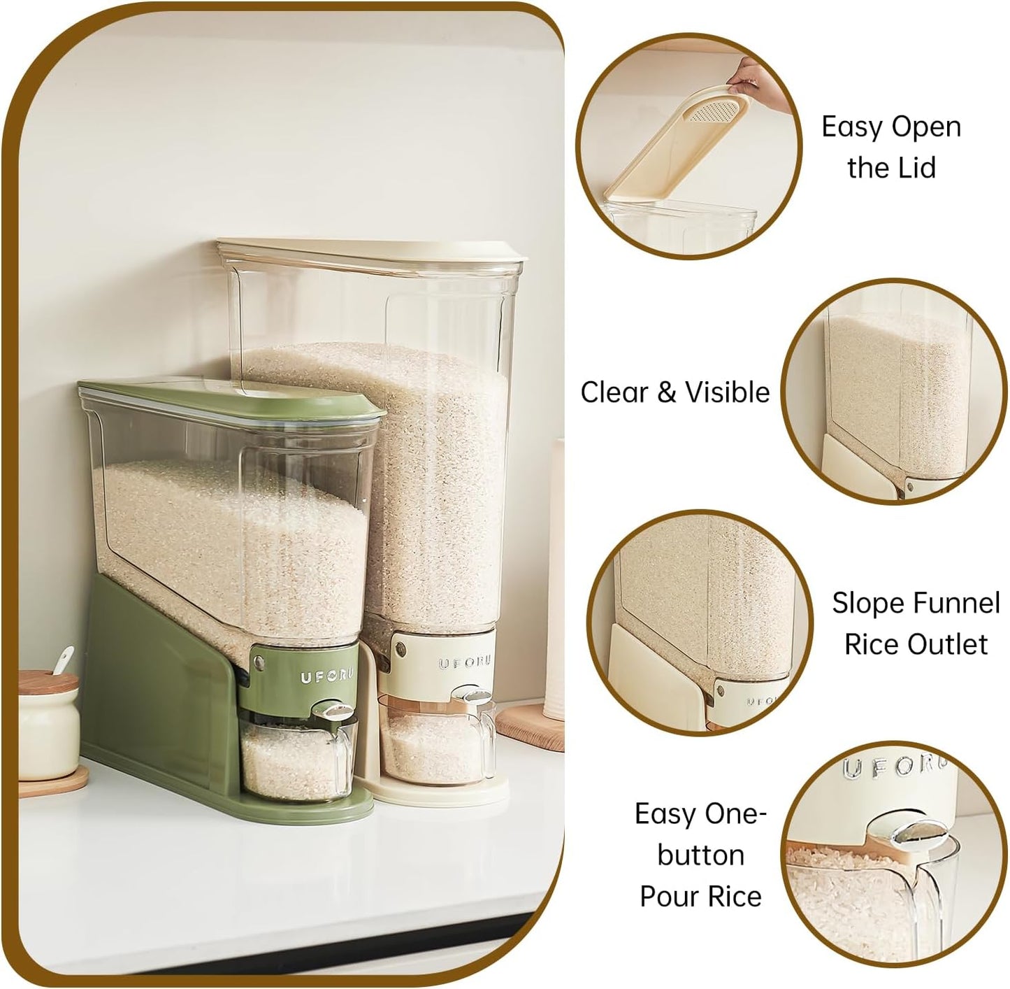 UFORU Rice Dispenser 22Lbs, Slim Rice Storage Container for Small Space, BPA-Free Clear Dry Food Dispenser Sealed Moisture Proof, Grain&Cereal Storage Bucket for Kitchen Pantry Household, Cream White
