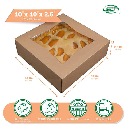 SCT Kraft Window Bakery Box (200 Pack) 10x10x2.5, Auto Pop-Up Bakery Carrier for Pies, Donuts, Pastries, Kraft with Clear Lid, 24233K