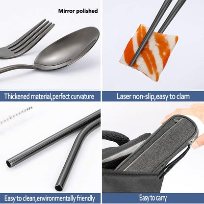 Portable Reusable Travel Utensils Silverware With Case, Camping Cutlery Set, Chopsticks and Straw, Flatware With Case, Stainless Steel Top (Silver)