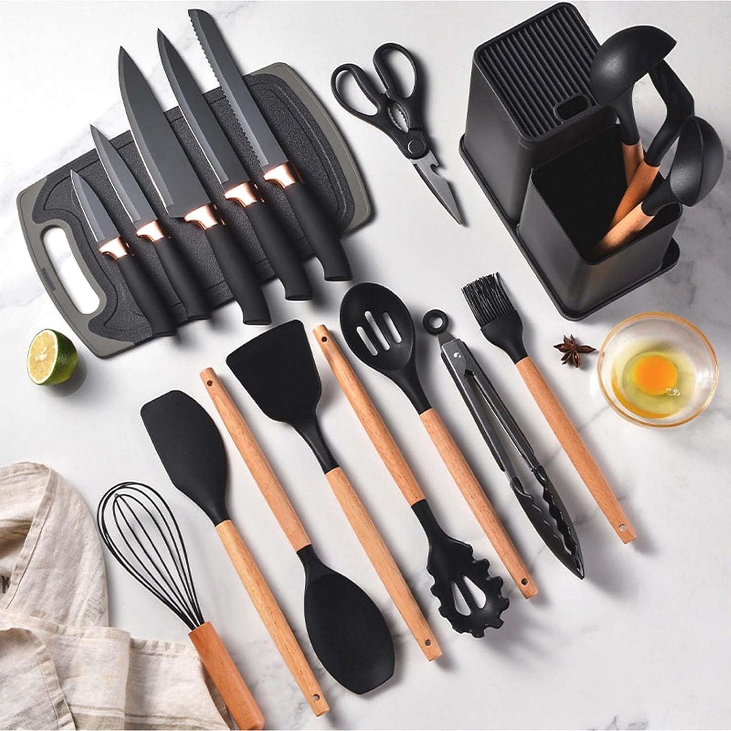 Non-Stick Silicone Cooking Utensils Set, 5 Pcs with Wooden Handle, Heat Resistant Silicone Kitchen Gadgets (Black)