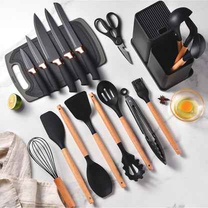 Non-Stick Silicone Cooking Utensils Set, 5 Pcs with Wooden Handle, Heat Resistant Silicone Kitchen Gadgets (Black)