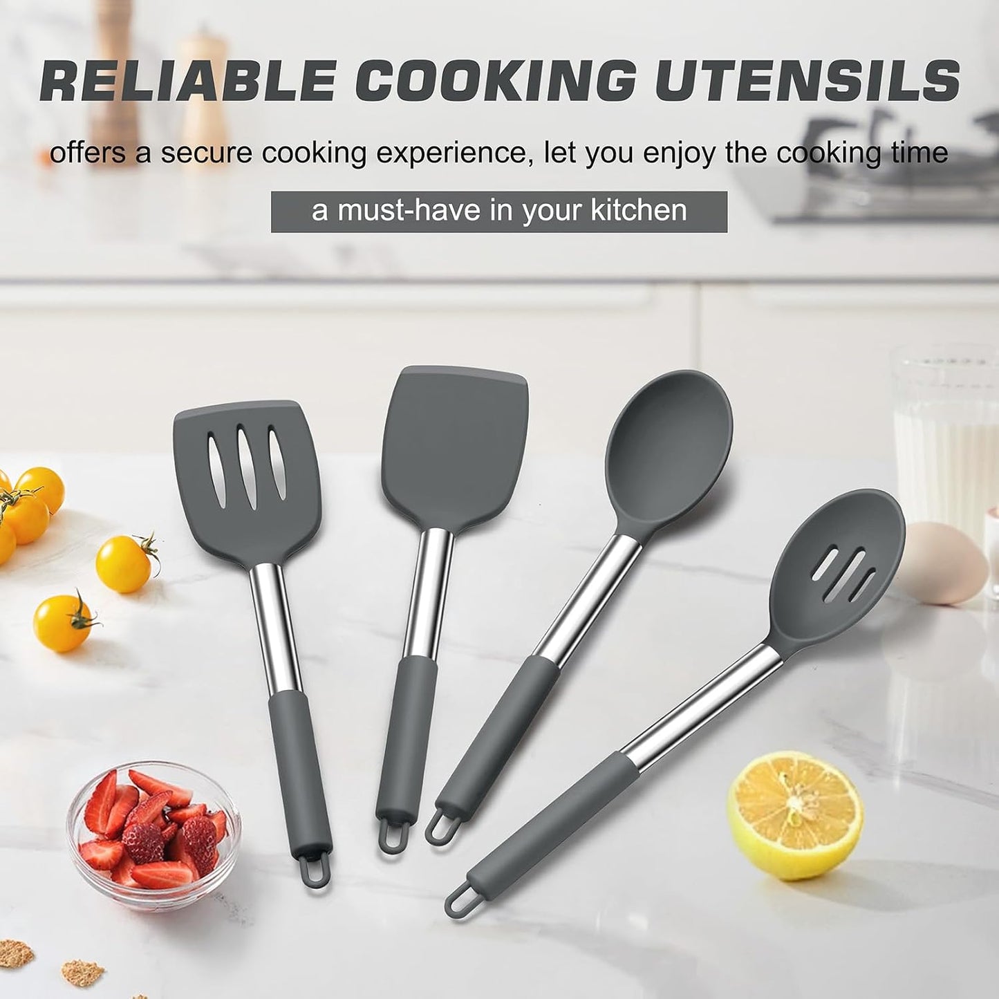 TeamFar Kitchen Utensils, 4 PCS Silicone Cooking Utensils Spatula Spoon Set with Stainless Steel Handle, for Frying Mixing Draining Turning, Healthy & Heat-proof, Non-stick & Dishwasher Safe - Black