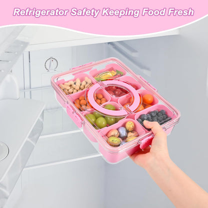 Snackle Box Container, 8 Compartment Divided Serving Tray with Lid and Handle, Snack Box Container for Candy, Fruit and Snacks, Great for Gatherings, Outings, Parties and Entertaining（Pink）