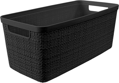 Curver Set of 4 Large 18L Easy Access Jute Decorative Plastic Organization and Storage Baskets - Perfect Bins for Home Office, Closet Shelves, Kitchen Pantry and All Bedroom Essentials, Black