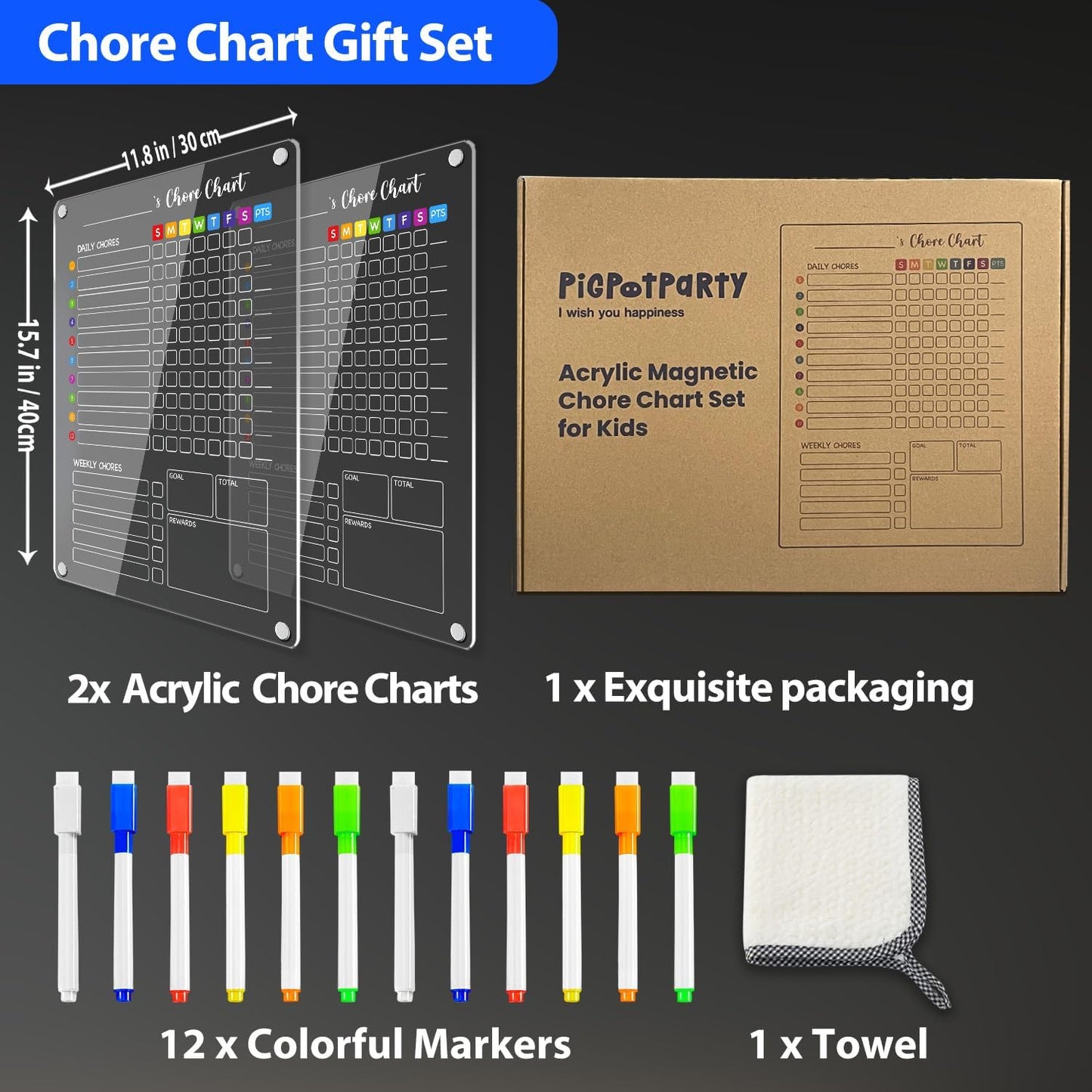 PigPotParty 2-in-1 Acrylic Magnetic Chore Chart for 2 Kids, Couples, Roommates, 15"x11" Large Dry Erase Chore Board for Fridge, Clear Weekly & Daily Reward Chart, Includes 12 Markers & Towel