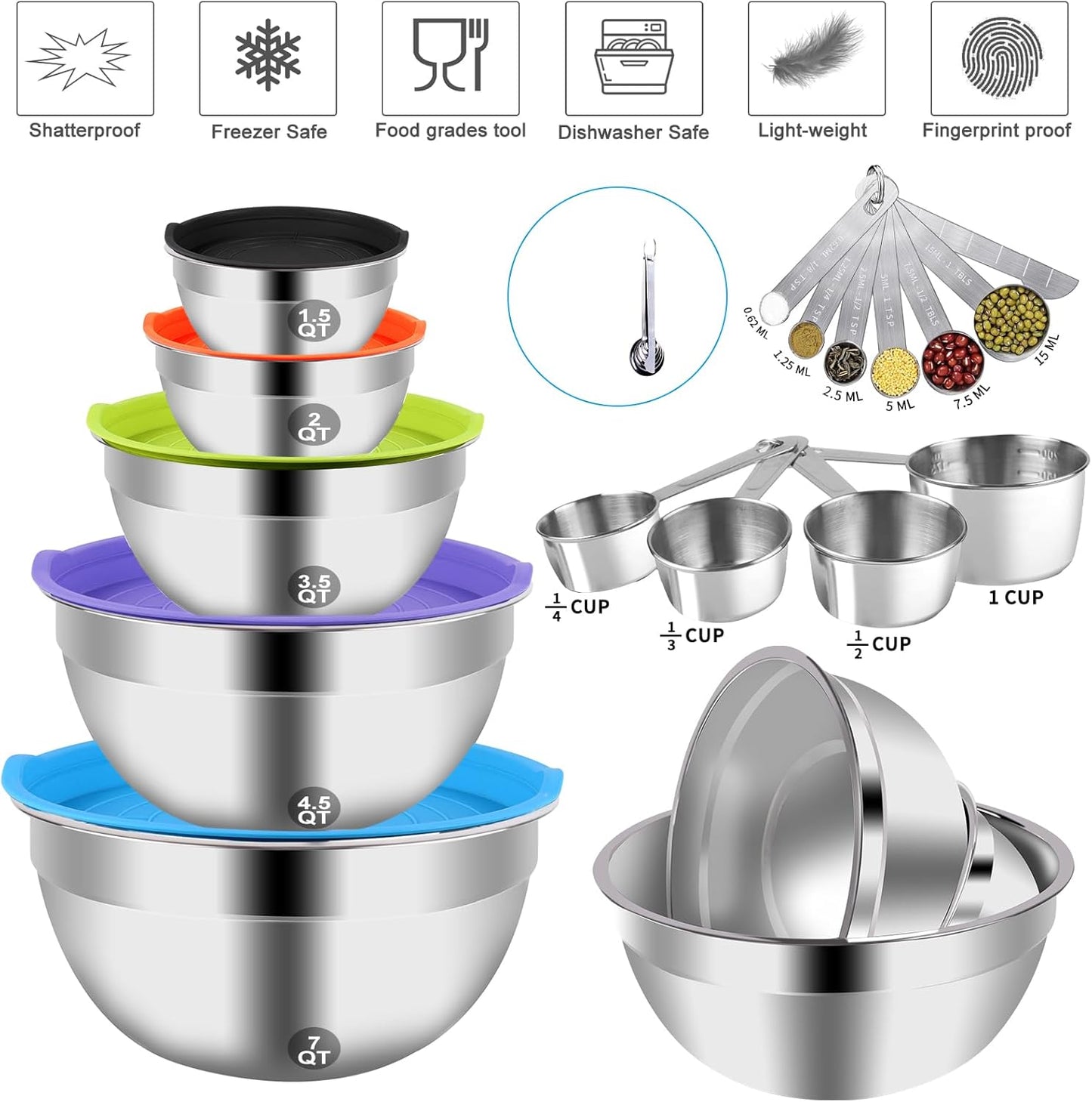 WEPSEN Mixing Bowls Set, 25PCS Stainless Steel Mixing Bowl with Lid Set, Large Nesting Bowls 7, 4.5, 3,2, 1.5QT, Measuring Cups and Spoons Baking Utensils Metal Bowl for Kitchen Prep