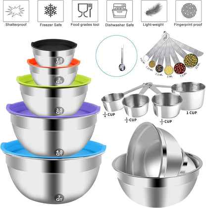 WEPSEN Mixing Bowls Set, 25PCS Stainless Steel Mixing Bowl with Lid Set, Large Nesting Bowls 7, 4.5, 3,2, 1.5QT, Measuring Cups and Spoons Baking Utensils Metal Bowl for Kitchen Prep