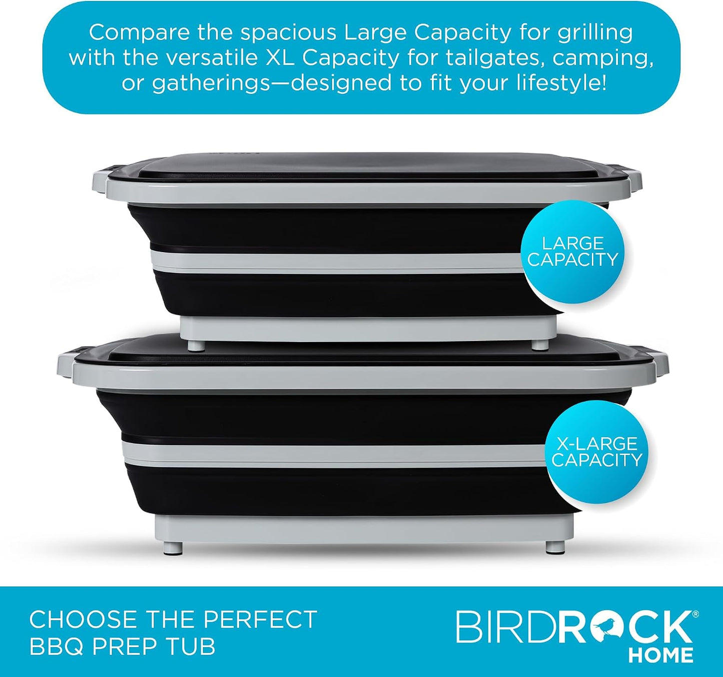 BIRDROCK HOME Collapsible Large BBQ Prep Tub w/Cutting Board, Multi-Function Grill Caddy w/Colander & Lid, Portable Silicone Dish Bowl for Picnic, Tailgate, Camping - Black