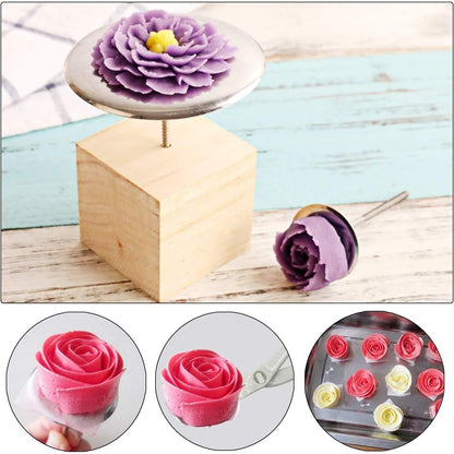 7 Pcs Cake Flower Nail Lifters Set, Stainless Steel Icing Flowers Decorating Tools Kit with 4 Nails, 2 Lifters & 1 Wooden Stand, Baking Supplies for Cupcake Cake Decoration