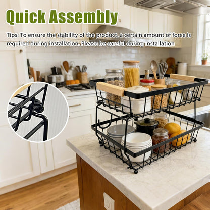 2 Tier Fruit Basket for Kitchen Counter, Large Fruit Holder with 2 Banana Hooks, Detachable Metal Fruit Stand with Wooden Handle, Kitchen Storage Cart,Vegetable Basket, Snack Rack