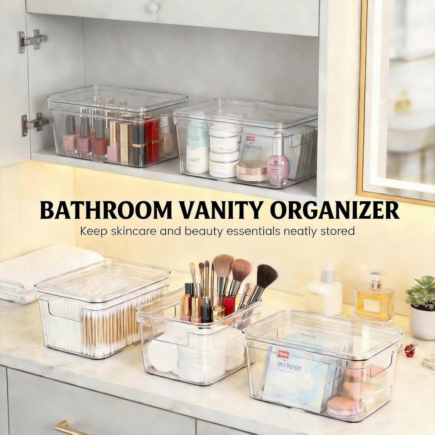 MOONEDGE 4-Pack 10x6x5 Stackable Small Clear Storage Bins with Lids | Plastic small item organizer containers with handles for vanity, craft, office, fridge, kitchen, pantry, bathroom and closet