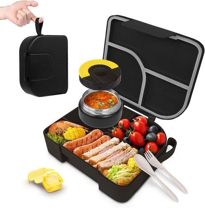 TinyPalsa Bento Box for Kids with 10oz Insulated Food Jar, Leak-Proof Kids Lunch Box with Thermal Food Container, 3 Compartments, Portable Handle, Dishwasher Safe, Ideal for School & Travel (Black)