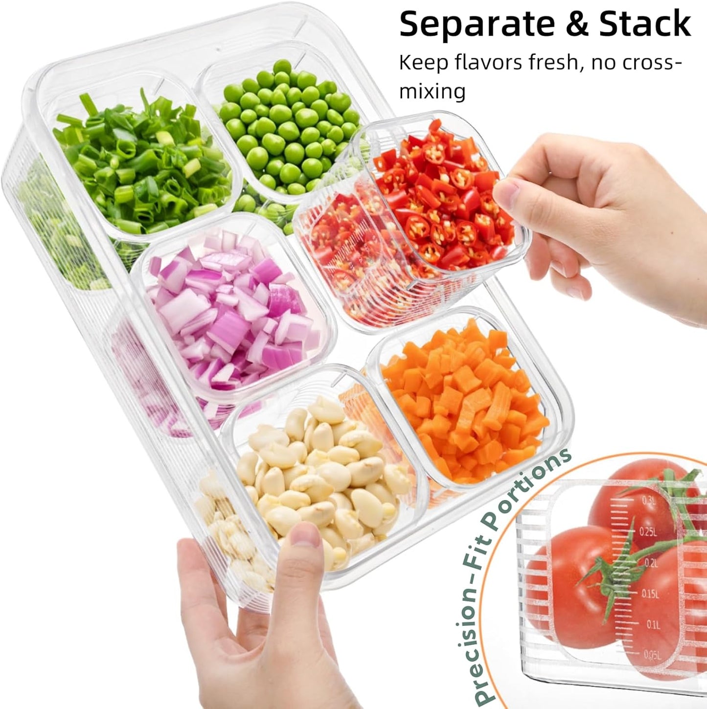 4 Pack Salad Bar Container for Fridge, Plastic Food Storage Organizer with Lid, Stackable Refrigerator Bins with 24 Individual Removal Boxes, Reusable Meal Prep Container for Fruit, Vegetable