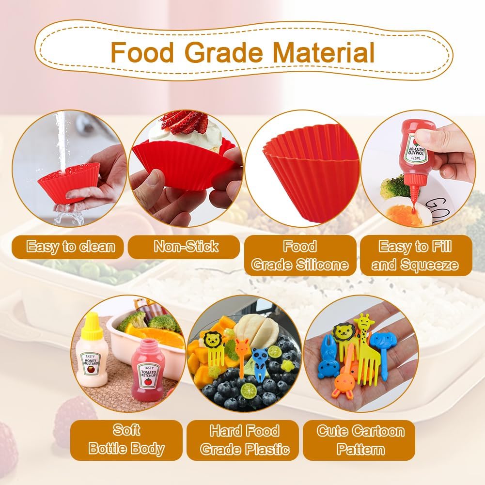 Abnaok 61PCS Silicone Lunch Box Dividers Bento Box Accessories Silicone Cupcake Liners, Lunch Box Accessories Including Food Picks Mini Condiment Bottles for Lunch Containers Accessories