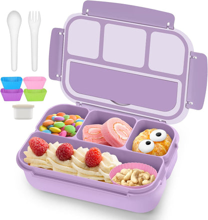 QQKO Bento Lunch Box for Kids Girls Boys, Toddler Kids Lunch Boxes for School, Lunch Containers for Adults with 4 Compartments, Sauce Container, Utensils, Food Picks and Muffin Cups, Purple
