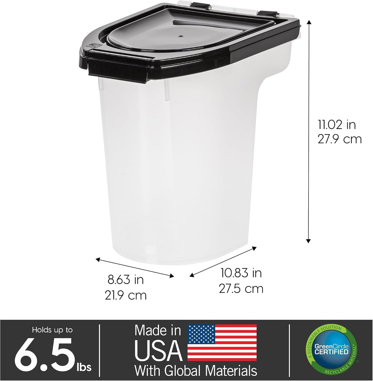 IRIS USA WeatherPro Airtight Pet Food Storage Container, Up to 6.5 lbs, Treat Box for Dog Cat and Bird Food, Keep Fresh, Translucent Body, Easy Clean Up, BPA free, Clear/Black