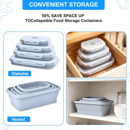 Collapsible Silicone Food Storage Containers 4 Set Airtight Leak Proof Food Containers with Lids Stackable Meal Prep for Microwave Freezer Dishwasher for Kitchen Camping Office Gray