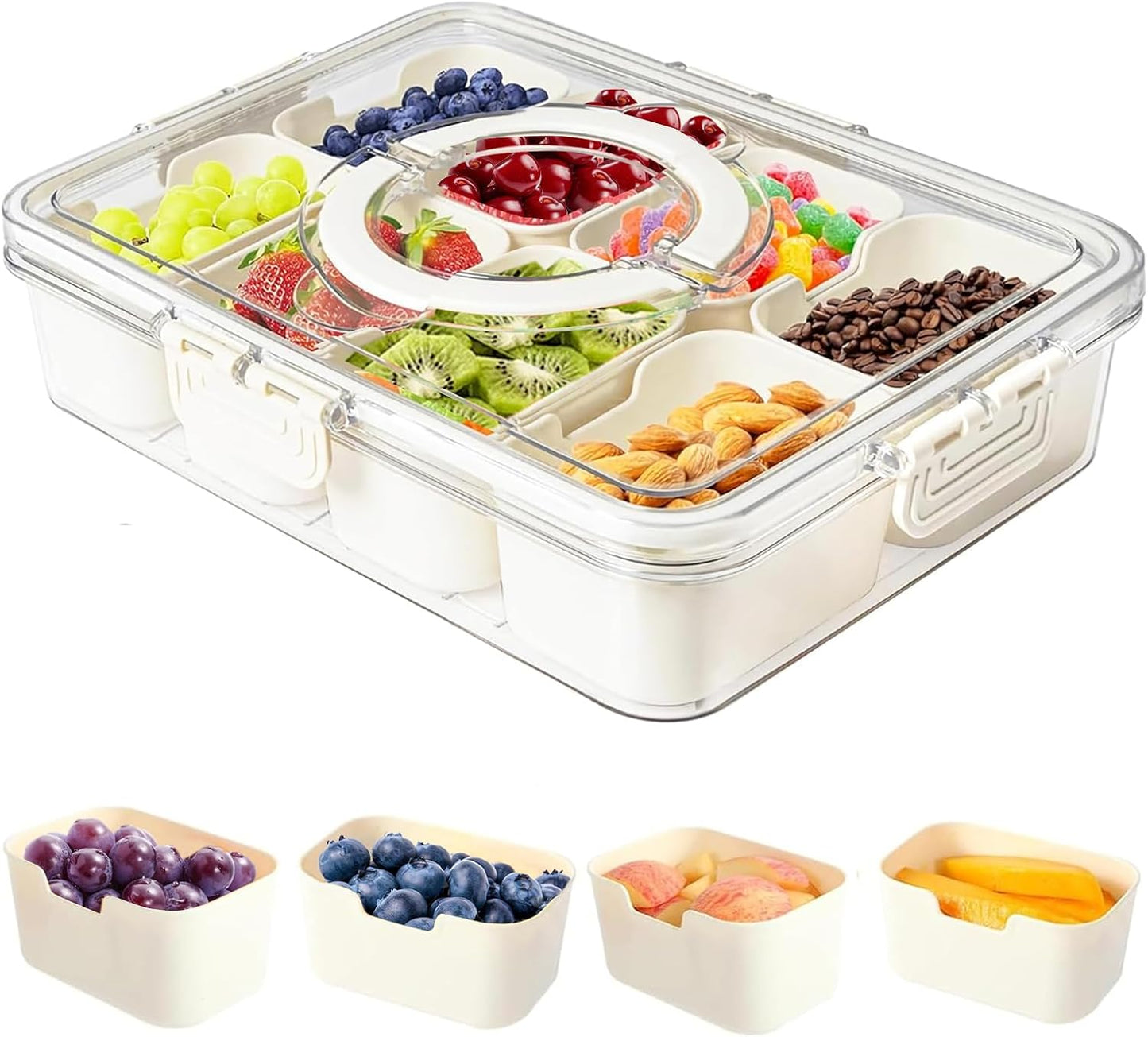 Divided Serving Tray with Lid and Handle, Portable Snackle Box Container for Fruits Snacks Charcuterie Organizer, Spinning Rounded Veggie Tray for Kitchen, Party, Travel and Picnic