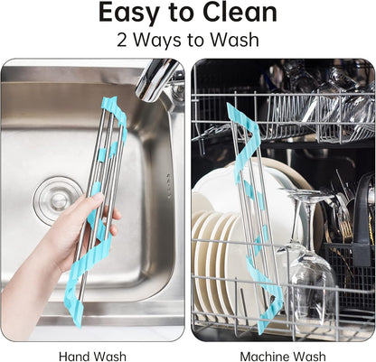Tomorotec Foldable Stainless Steel Triangle Roll-Up Dish Drying Rack for Small Sink Corners - Over-The-Sink Multipurpose Kitchen Drainer, Rustproof Organizer, Trivet and Shelf - Space-Saving (Black)
