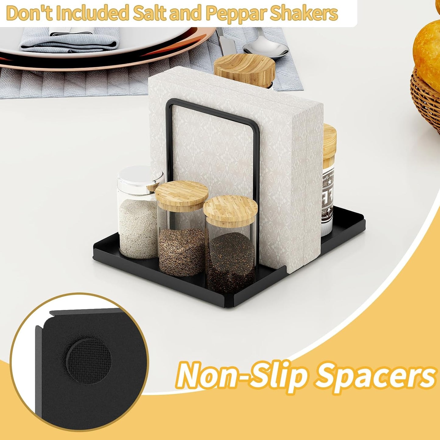 LSK Napkin Holder, Metal Napkin Holder for Table with Salt and Pepper Shakers Caddy, Napkin Storage Dispenser for Kitchen Dinner Table and Picnic Decors, Gold