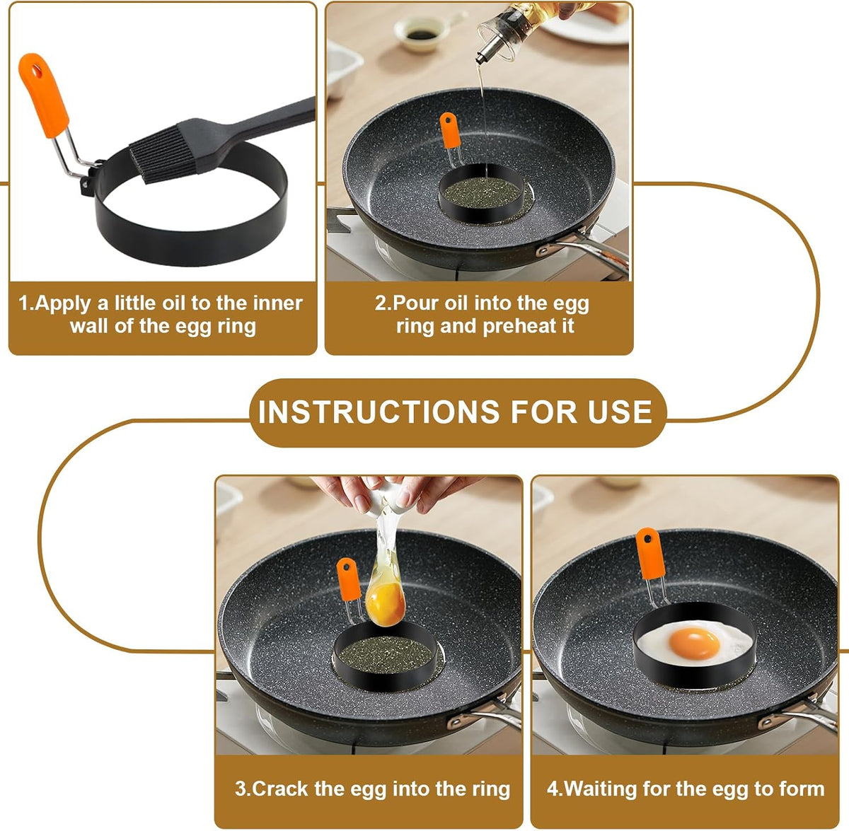 Egg Rings 3.5 Inch Pack of 4 with Silicone Handle