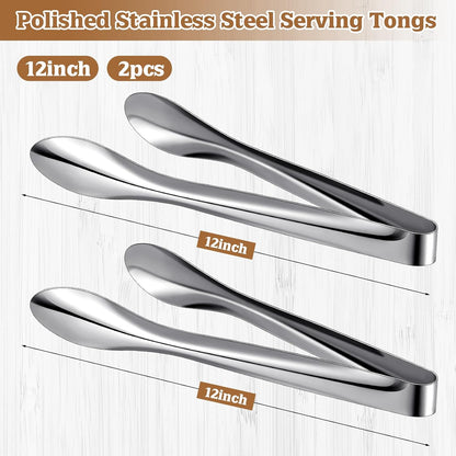 2 Pack Polished Stainless Steel Serving Tongs 9 and 12 Inch Metal Food Silver Tong for Buffet Salad BBQ Grilling Heavy Duty Kitchen Utensils for Cooking Catering Wedding Party