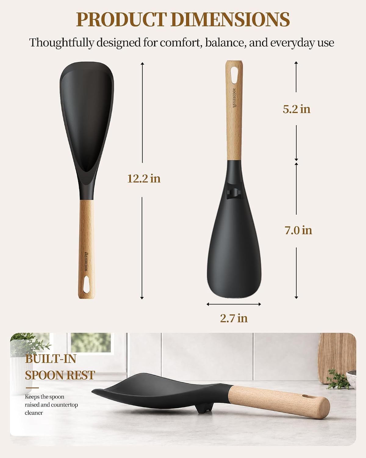 Astercook Cooking Spoon, 2 Pack, Nonstick Safe Silicone Spoonula Spatula