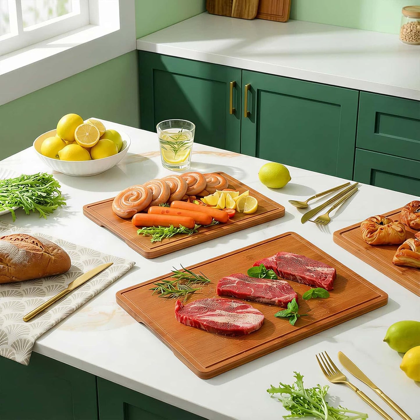 Zarler Bamboo Cutting Boards for Kitchen, 3 Piece Durable Wood Cutting Board with Juice Grooves and Handles, Wooden Chopping Board Set for Meal Prep, XL Size, Ideal Kitchen Gift