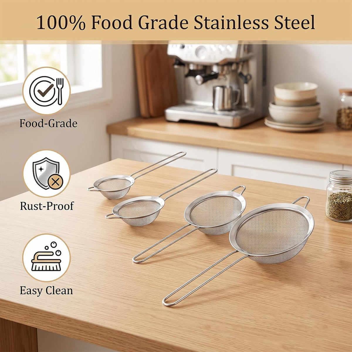 2 Pack Fine Mesh Strainer, Small Stainless Steel Sieves with Handles, for Steeping Loose Leaf Tea, Straining Cocktail, Juice and Sifting Flour, Powdered Sugar (2pcs)