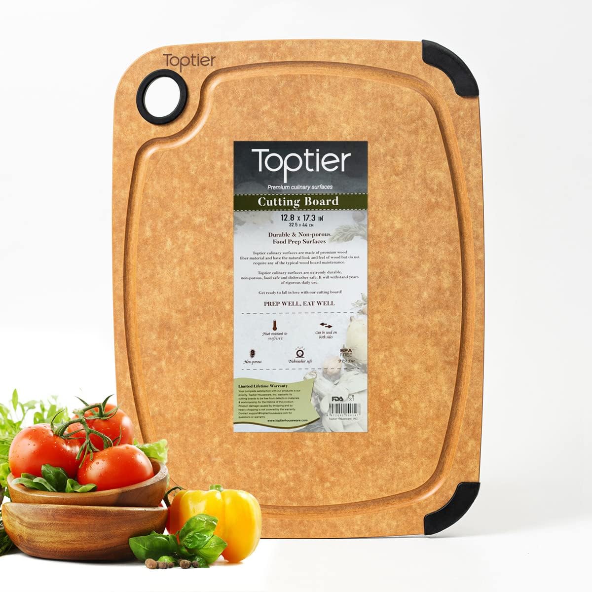 Cutting Board for Kitchen Dishwasher Safe, Toptier, Wood, Fiber , Eco-Friendly, Non-Slip, Juice Grooves, Non-Porous, BPA Free, Small, Silicone, 11.5 x 9.25-inch, Natural Slate