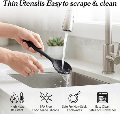 2 Pcs Silicone Cooking Spoons Heat Resistant,Silicone Serving Spoons.2 Size Black Silicon Mixing Spoon – Long Handle Silicon Spoon for Cook,Baking & Non-Stick Kitchen Tools
