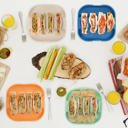 Silicone Taco Holder Set of 2,10.2in Reusable Taco Plates with Dividers,Fiesta Tacos Holder Tray.Taco Tuesday Kit,Dishwasher & Microwave Safe (2, BLUE+GREEN)