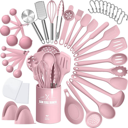 Silicone Kitchen cooking Utensils Set, AIKKIL 43 Pcs Heat Resistant Khaki Cooking Utensils Set, Turner, Tongs, Spoon, Spatula, Kitchen Gadgets Tools Set For Nonstick Cookware(Dishwasher, BPA Free)