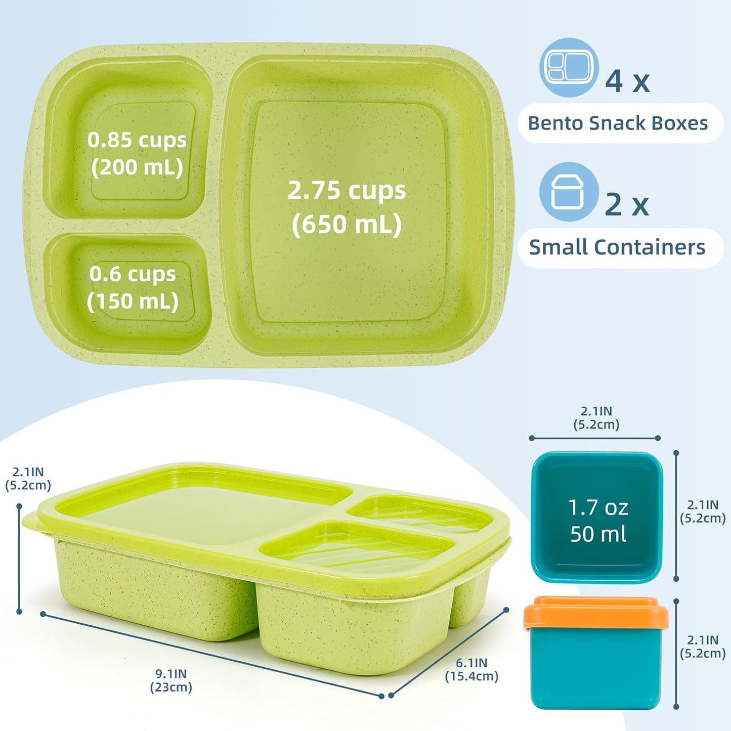 Caperci Bento Lunch Box Containers for Adults & Kids - 3-Compartment Reusable Meal Prep Containers with 2 Sauce Containers for School, Work, Travel, Wheat Straw, 4-Pack (Vintage Colors)