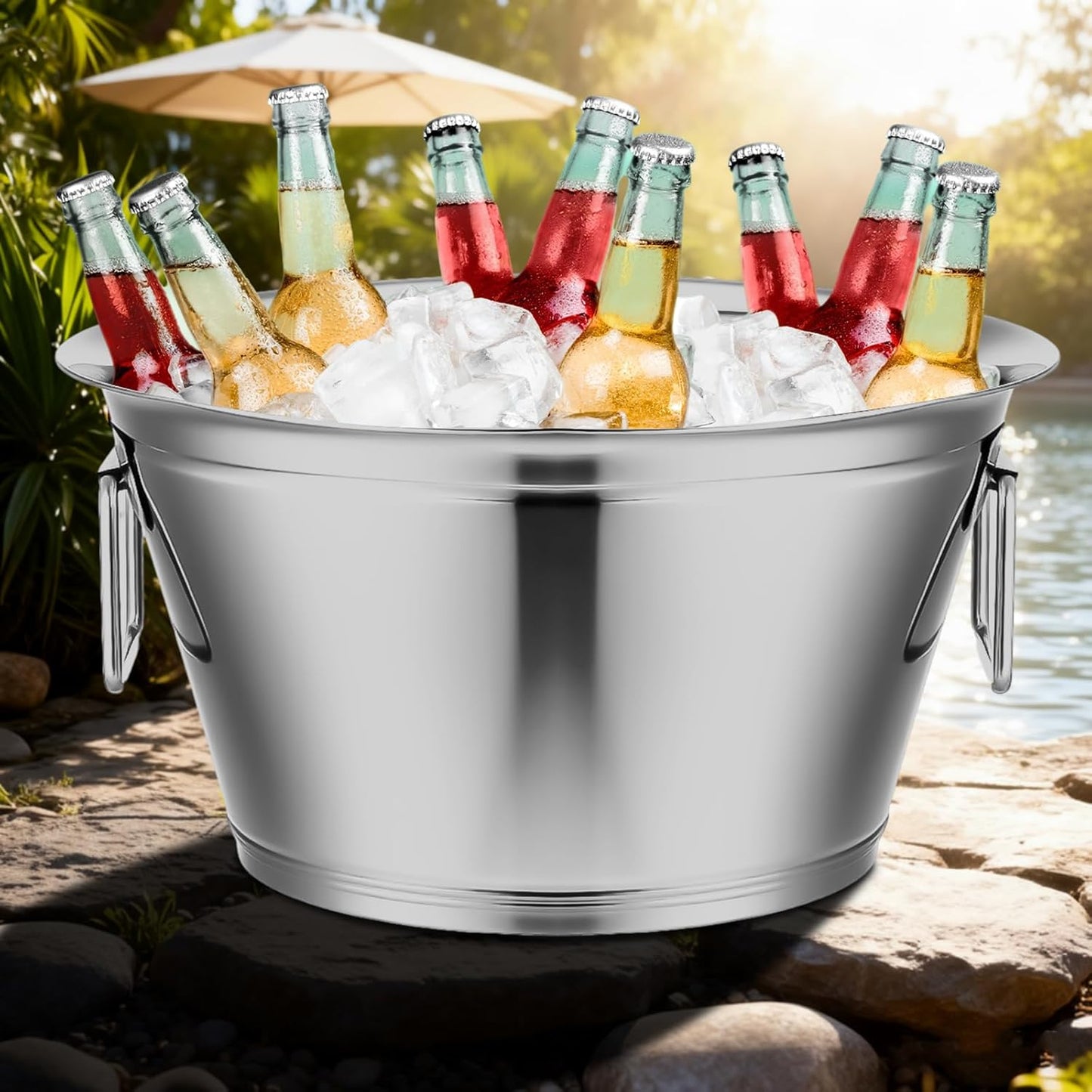 Maxdot Stainless Steel Beverage Tub Large Champagne Buckets 20-Quart 5-Gallon Insulated Ice Bucket for Parties with Double Hinged Handles Heavy Duty Drink Cooler Tub Wine Beer Chiller for Parties