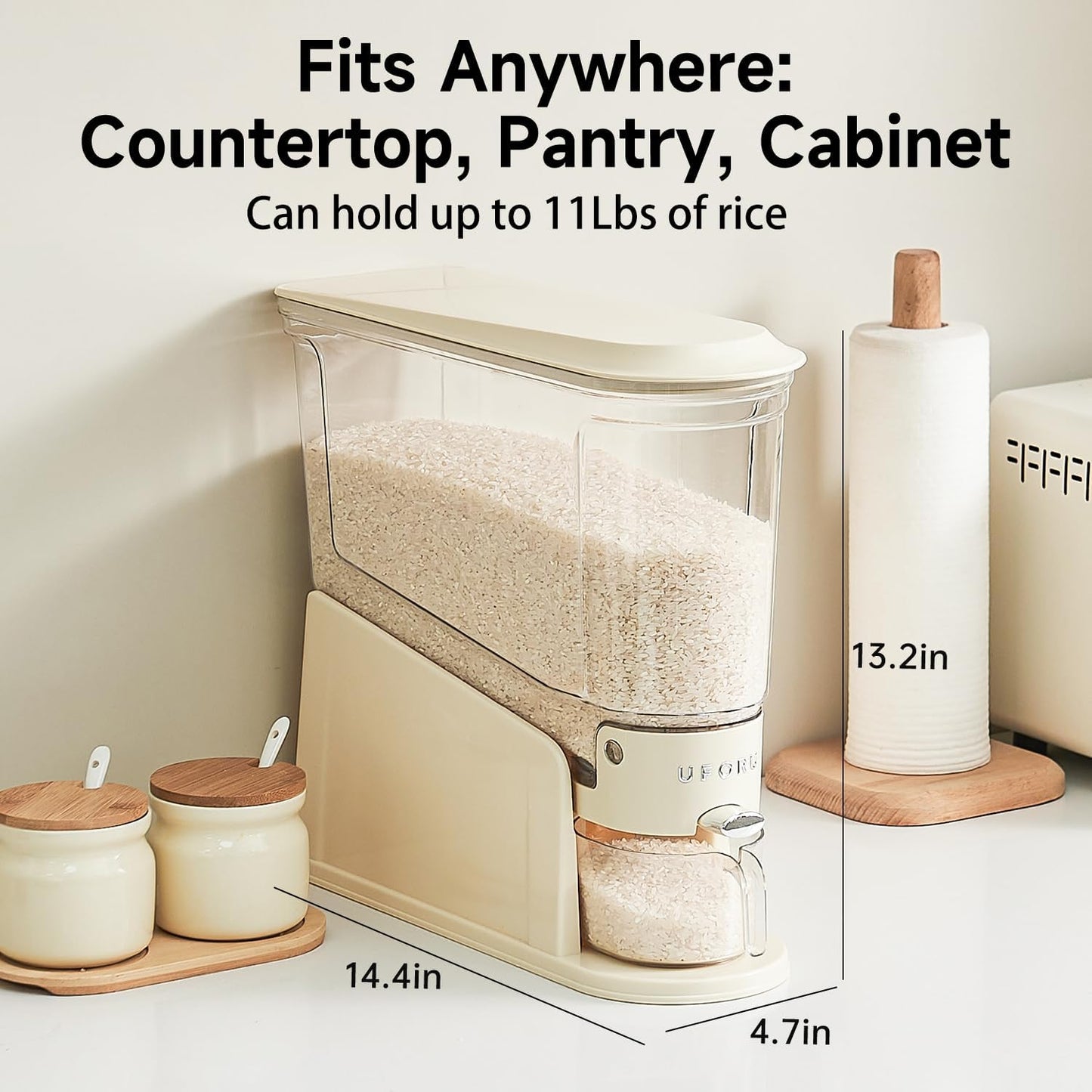 UFORU Rice Dispenser 11Lbs, Slim Rice Storage Container for Small Space, BPA-Free Clear Dry Food Dispenser Sealed Moisture Proof, Grain&Cereal Storage Bucket for Kitchen Pantry Household, Cream White