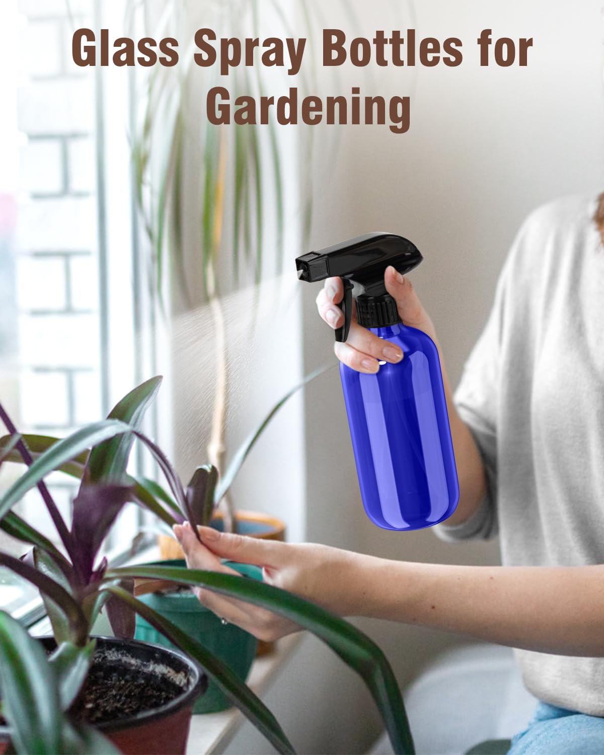 Bontip Glass Spray Bottle 16 oz for Cleaning, Plants (2 Pack, Amber)