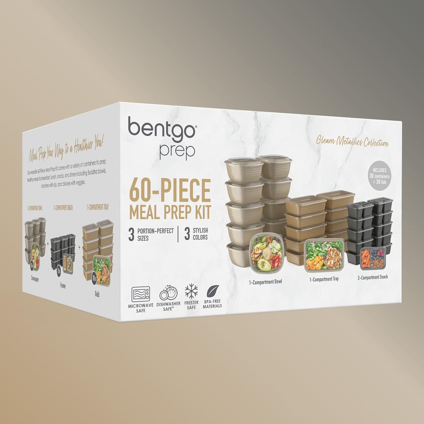Bentgo Prep 60-Piece Variety Meal Prep Kit - Reusable PFAS & BPA-Free Food Containers 1-Compartment Trays, Prep Bowls, & Snack Boxes - Microwave, Freezer, & Dishwasher Safe (Rich Shades)