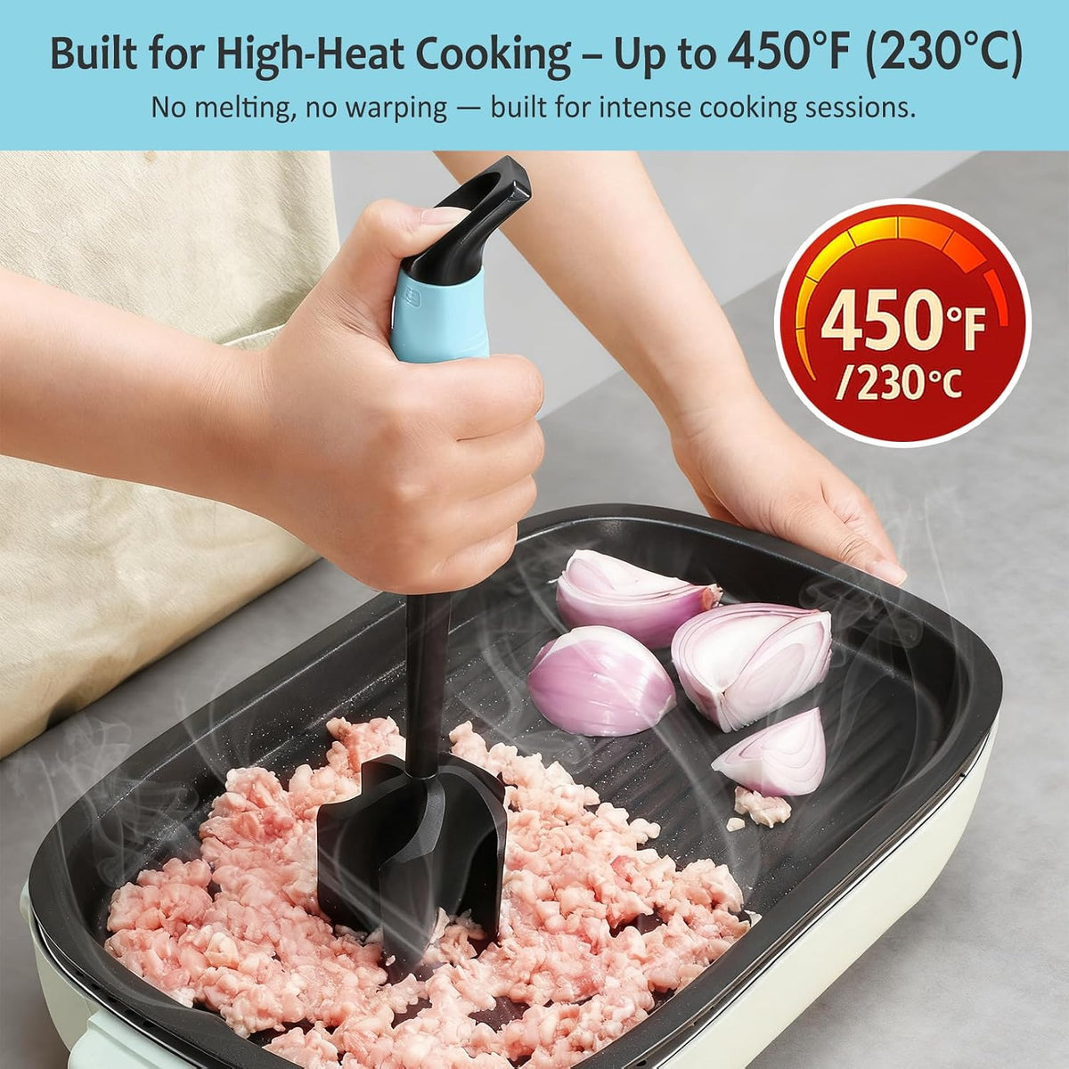 Ourokhome Meat Chopper and Potato Masher, Heat Resistant Nylon Ground Beef Smasher for Hamburger, 5 Curved Blades Nonstick Safe Mixer & Stirrer, Practical Kitchen Gadgets, Mint