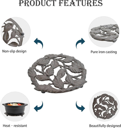 Cast Iron Trivet, 7.28 inch Metal Trivet for Hot Dishes, Heat-Resistant Decorative Trivets to Protect Dining Countertop or Kitchen Decoration with 2 Silicone Mini Pinch Mitts