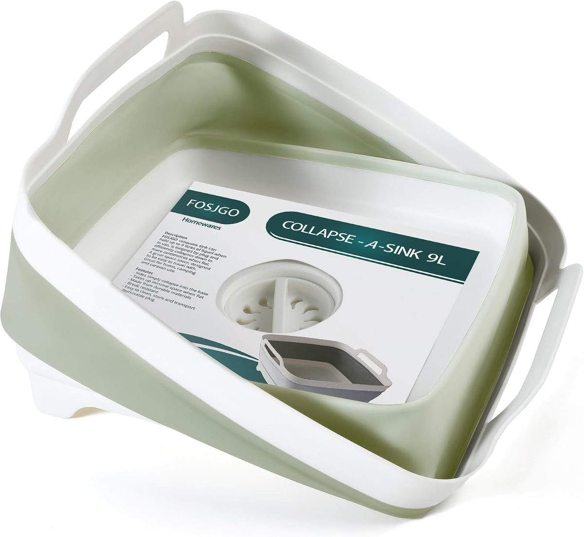 FOSJGO Collapsible Dish Basin with Drain Plug, Foldable Sink, 2.4 Gal (9L)