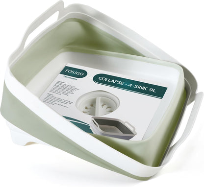 FOSJGO Collapsible Dish Basin with Drain Plug, Foldable Sink, 2.4 Gal (9L)