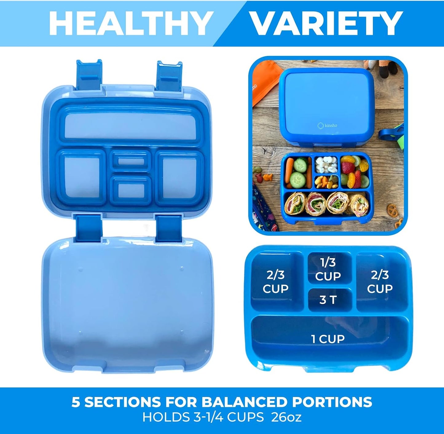 Kinsho Bento Lunch Box for Kids Toddlers, 5 Portion Control Sections, BPA Free Removable Plastic Tray, Pre-School Kid Toddler Daycare Lunches, Snack Container Ages 3 to 7 (Blue Space Rockets)