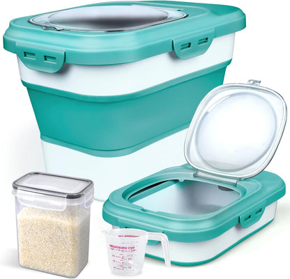 Komzon Rice Storage Container, Collapsible Airtight Food Storage Containers 6-20 Lbs, Rice Dispenser with Measuring Cup and Small Bin for Flour Cereal Pasta Grain, Cat Pet Dog Bird Food Container