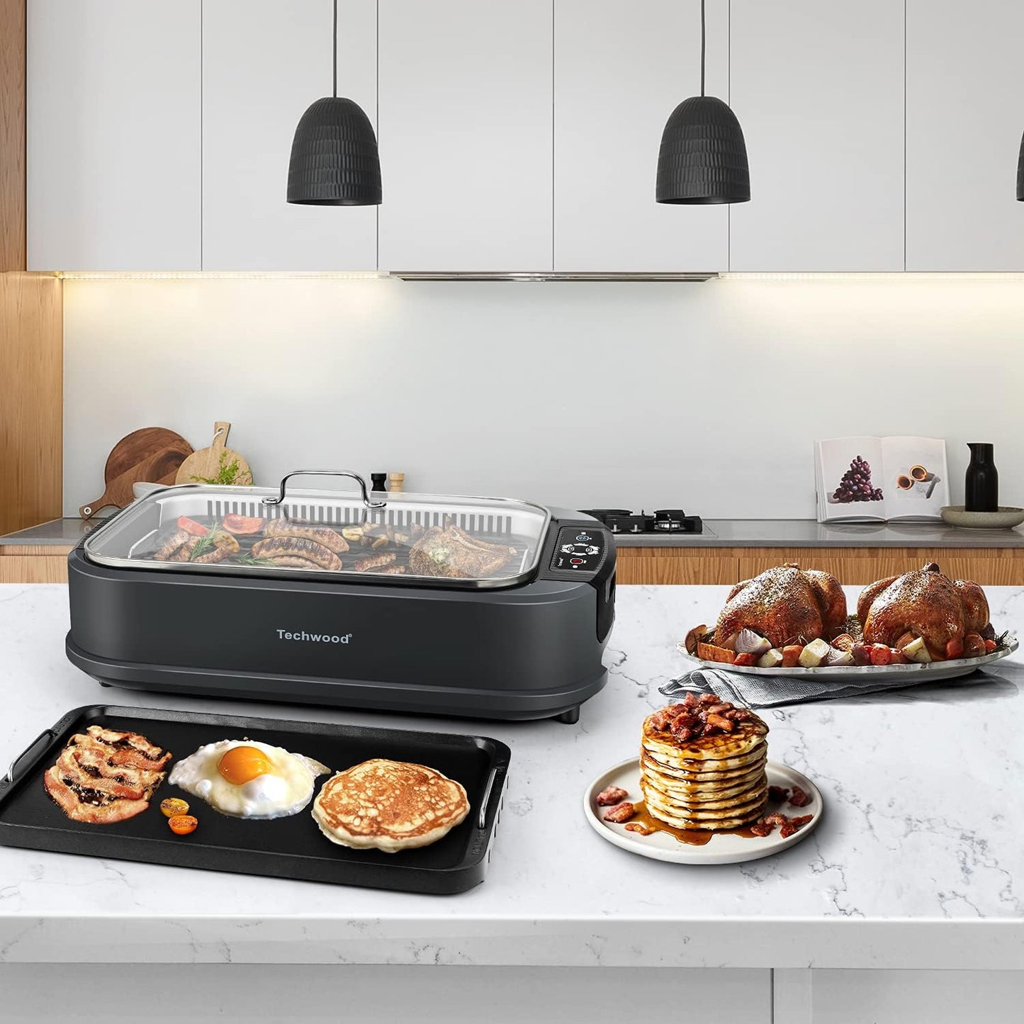 Techwood Indoor Grill Smokeless Grill, Electric Korean BBQ Grill with Glass Lid, Turbo Smoke Extractor Technology, Dishwasher-Safe Drip Tray & Nonstick Grilling Removable Plate, Black, 1500W