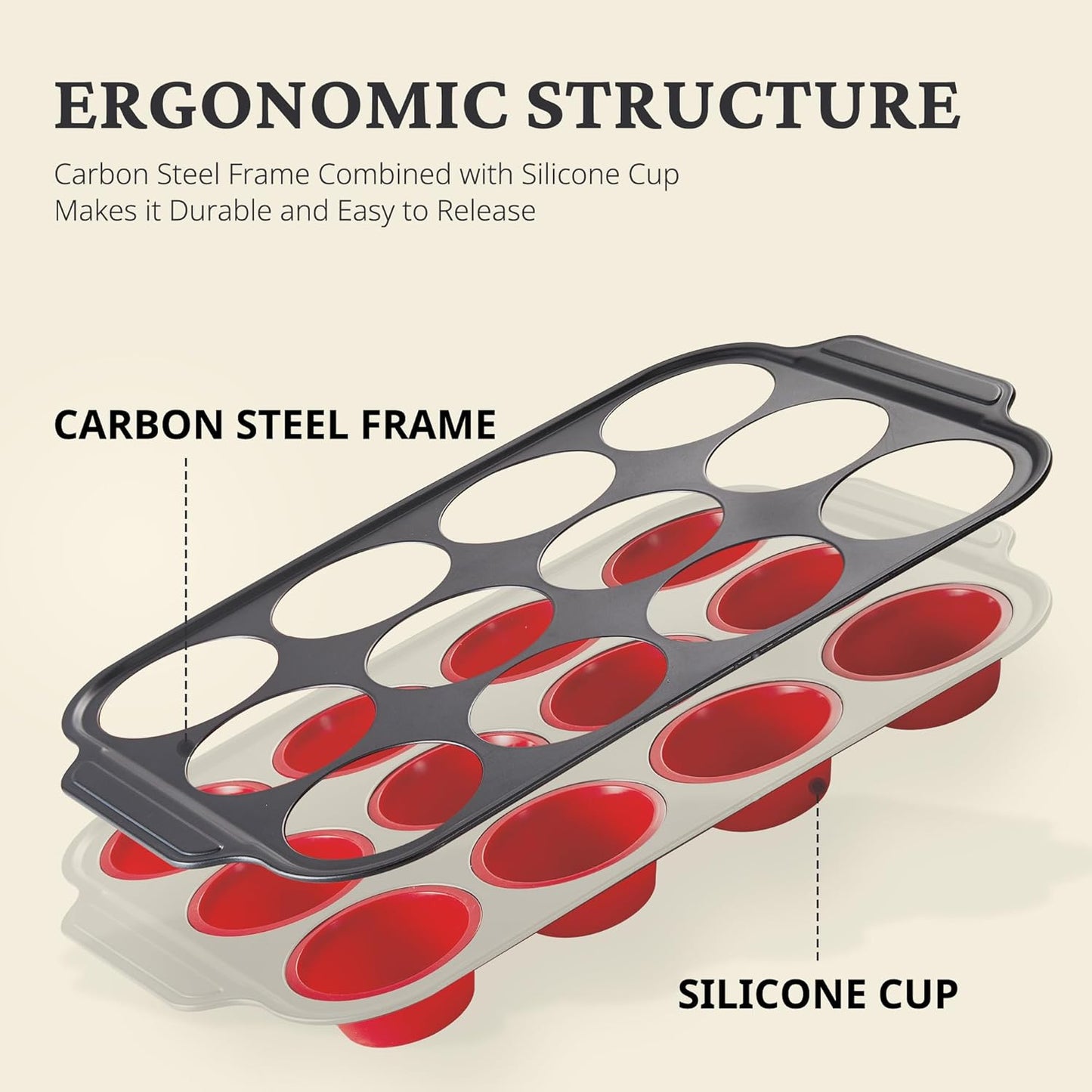 BRONYPRO Silicone Muffin Pans for Baking with Metal Frame, Egg Bite Molds, Cupcake Pans 12 Regular Size, Muffin Tins Easy to Pop Nonstick Non Toxic Bakeware for Oven,Blue