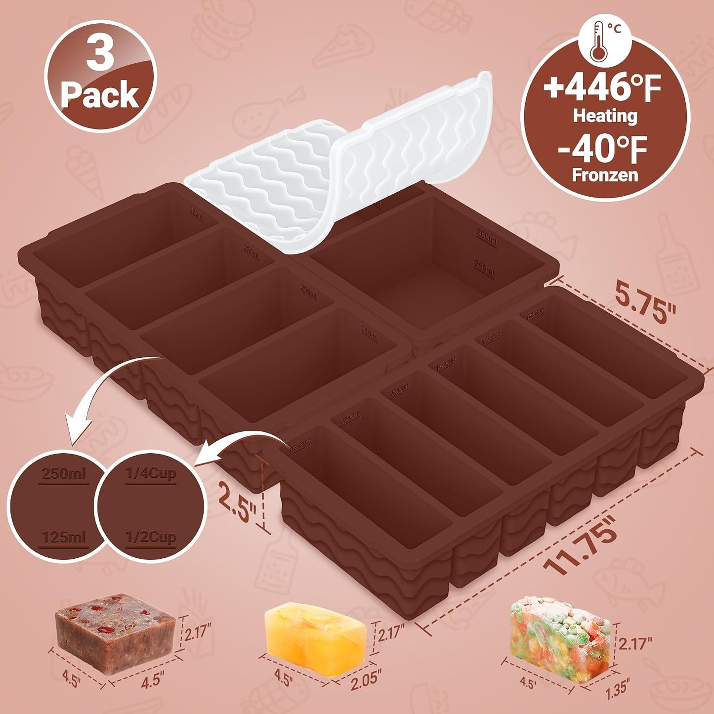 3-Pack Silicone Freezer Trays with Lid,2 Large 2-Cup(500ml)&4 Medium 1-Cup(250ml)&6 Small 1/2-Cup(125ml) Soup Freezer Container Molds,Ice Cube Tray For Meal Prep&Freezing Soup,Stews,Sauces