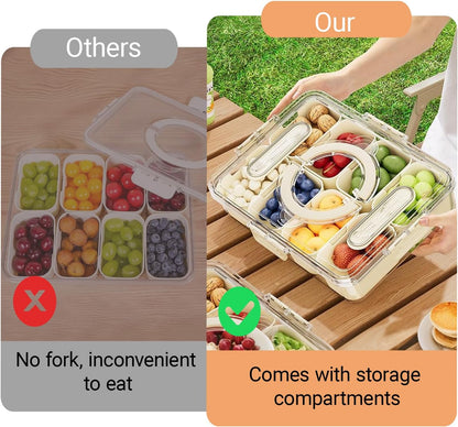 Large Divided Serving Tray with lid and handle Travel snack container Portable snackle box container for fruit, Party, Picnic -10 compartment with 3 forks and 2 spoons