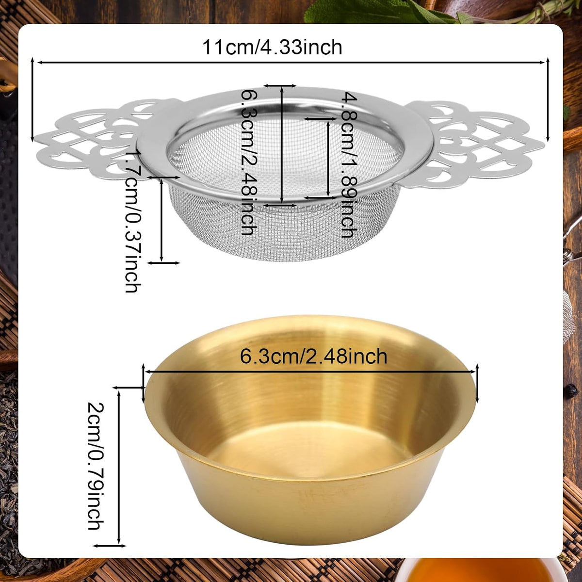 Tea Strainers with Drip Bowls, Gold, 2 Pack